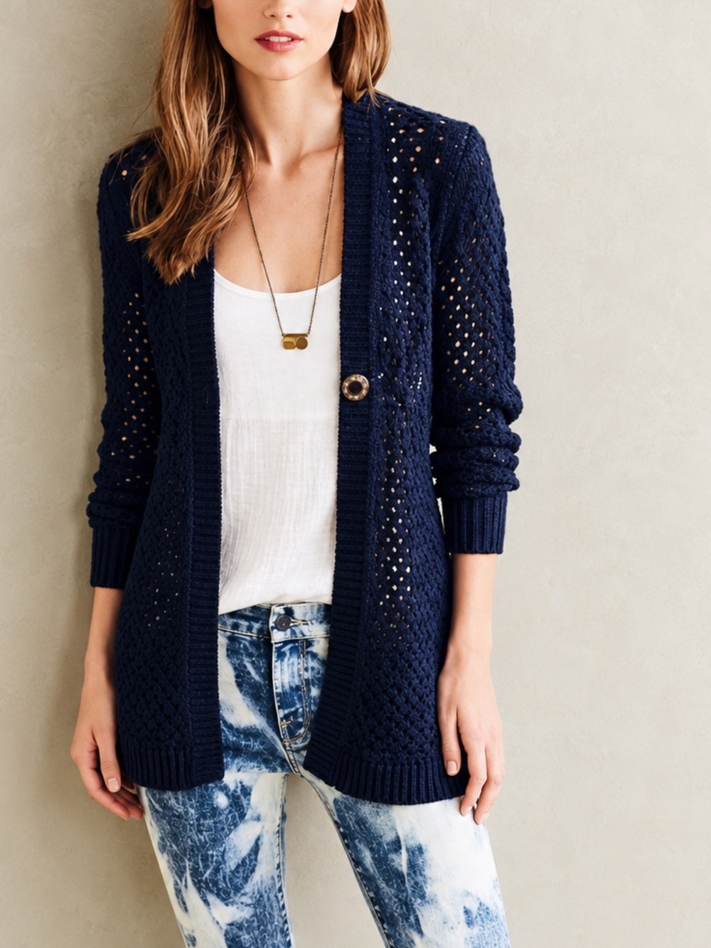 Anthropologie Rosie Neira Talmadge Navy Blue Cable Knit Crochet Cardigan Size S